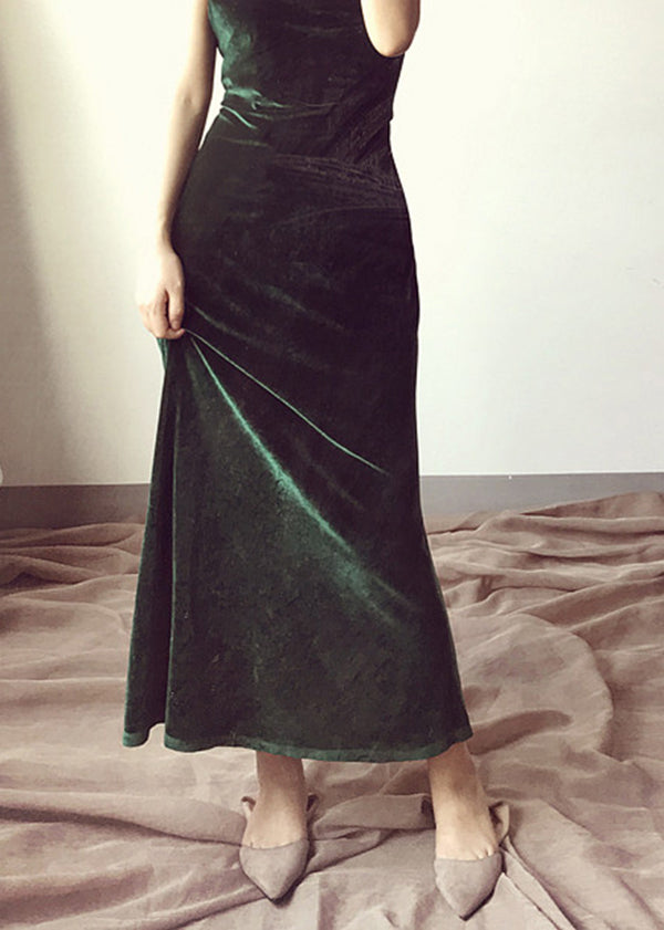 Green V Neck Velvet Spaghetti Strap Dress Fall