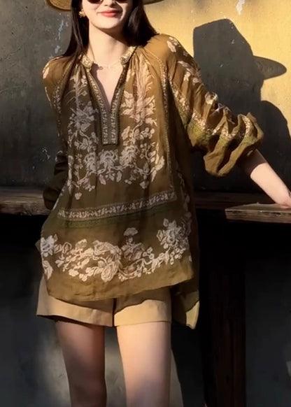 Brown Oversized Print Linen Shirt Top Fall