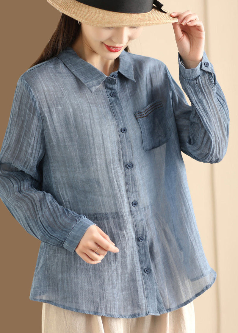 Yellow Peter Pan Collar Button Linen Blouses Long Sleeve
