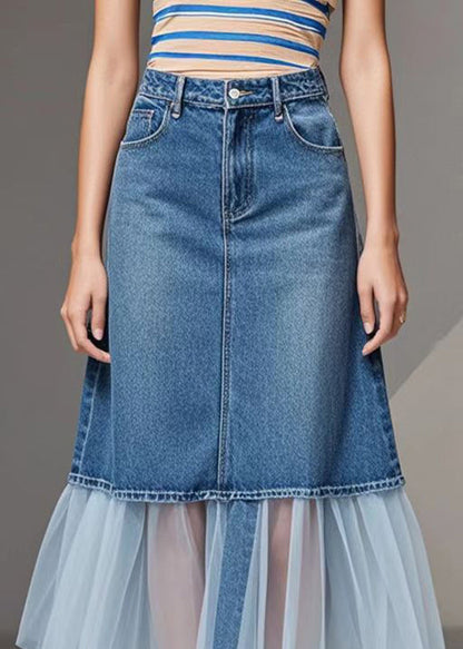 Natural Blue Silm Fit Patchwork Denim Tulle Skirt Spring