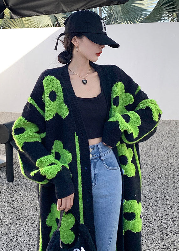 Black Green Print Knit Coats Spring
