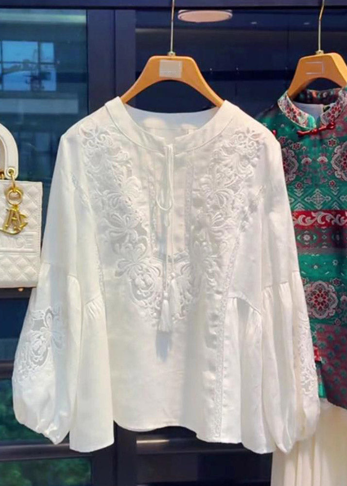 Simple White O-neck Embroidered Top Lantern Sleeve