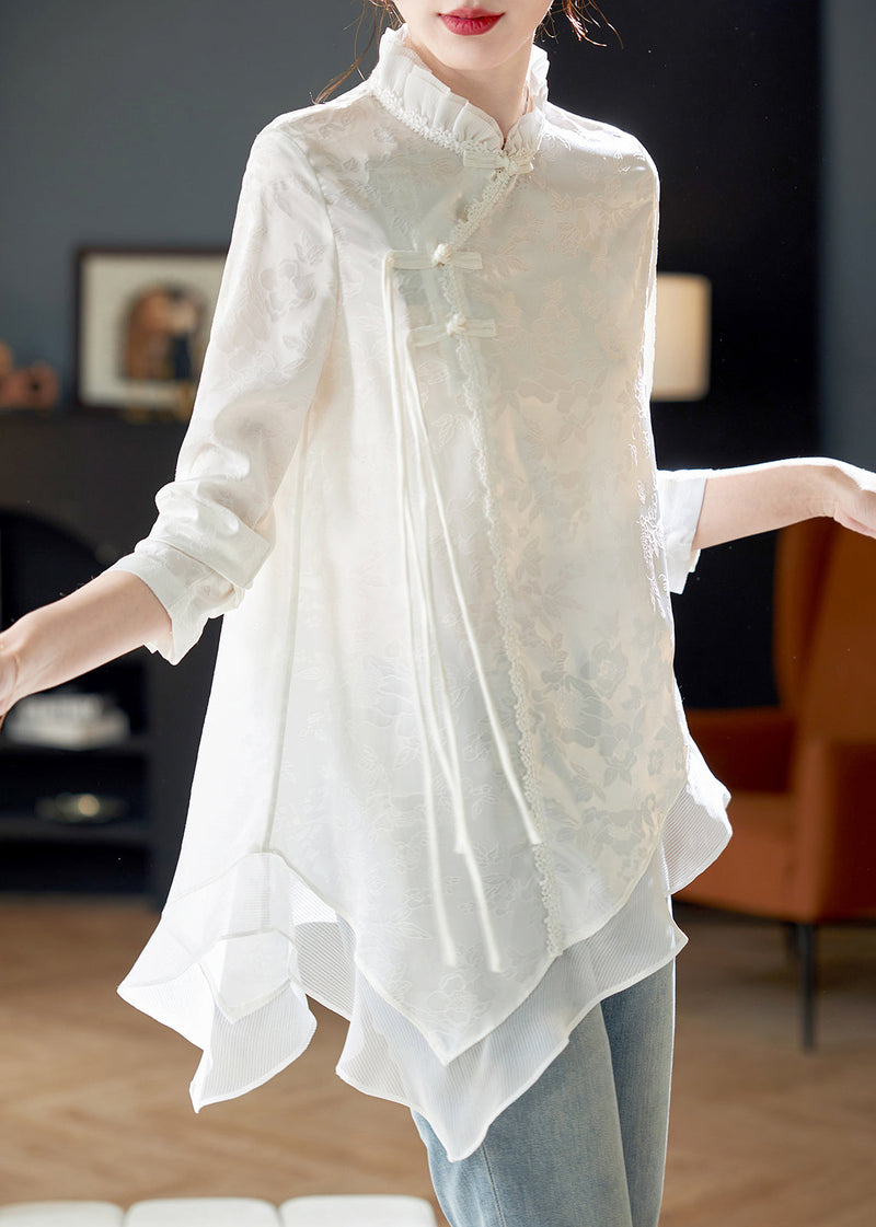 White Ruffled Chinese Button Chiffon Shirt Long Sleeve