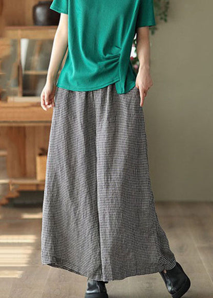 Small Plaid Pockets Patchwork Linen Wide Leg Pants Summer
