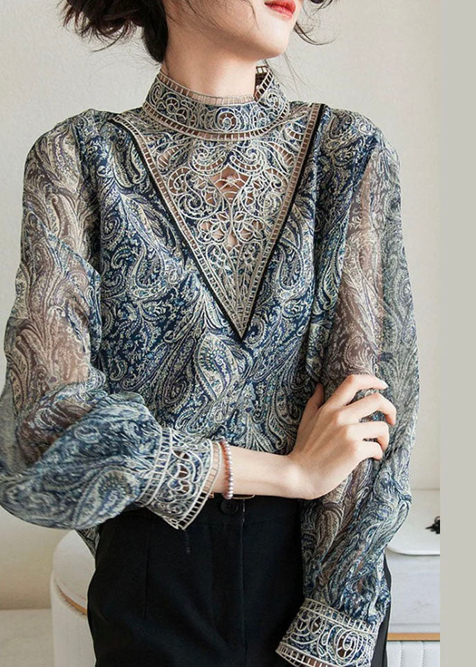 Blue Embroidered Print Chiffon Shirt Lantern Sleeve