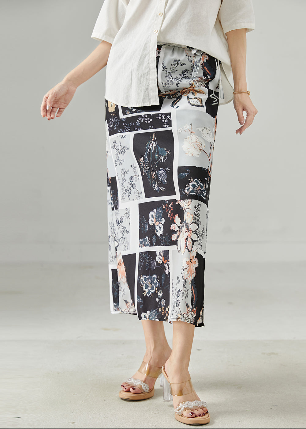 Black Print Side Open Chiffon Skirts Summer