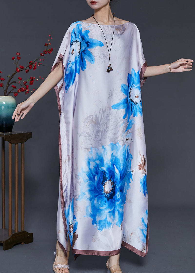 White Flower Print Silk Maxi Dresses Summer
