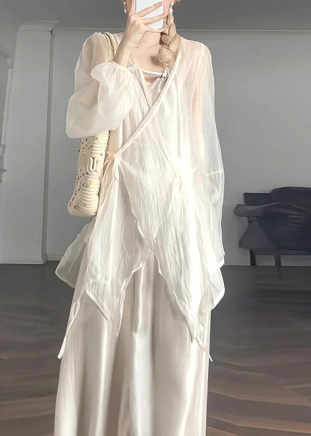 Natural Apricot V Neck Tie Waist Chiffon Upf 50+ Coat Lantern Sleeve