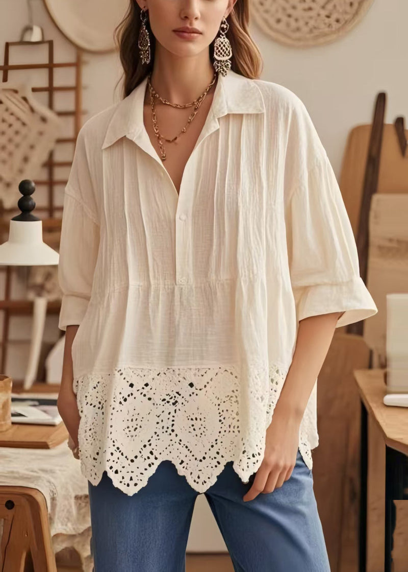 Apricot Oversized Patchwork Lace Blouse Top Half Sleeve