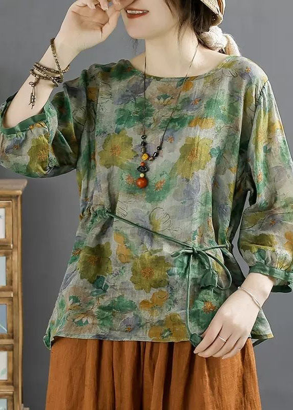 Green O Neck Print Lace Up Patchwork Linen Tops Summer