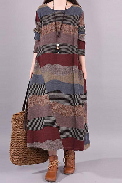 Limited Stock- Lotstrends Wavy Colorful Stripes Retro Linen Dress