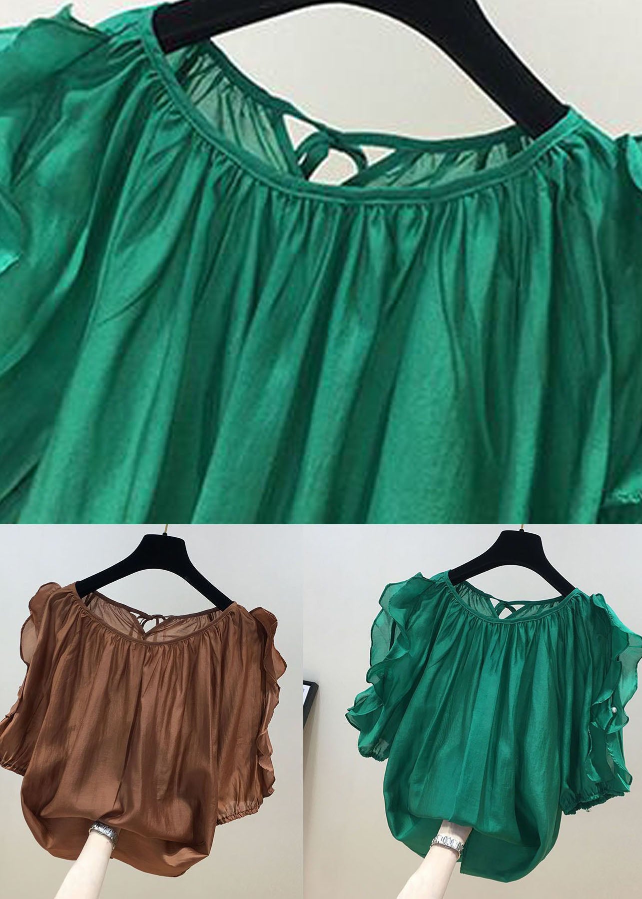 Coffee Patchwork Chiffon Shirt Tops Ruffled O-neck Summer