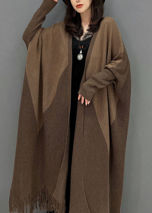 Chocolate Oversized Patchwork Tassel Knit Cardigan Batwing Sleeve