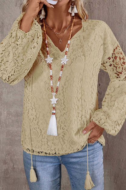 Color Lace Fringed Trim Hollow Out V Neck Tops(4 Colors)