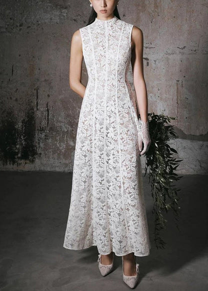 Slim Fit White High Waist Lace Long Dress Sleeveless