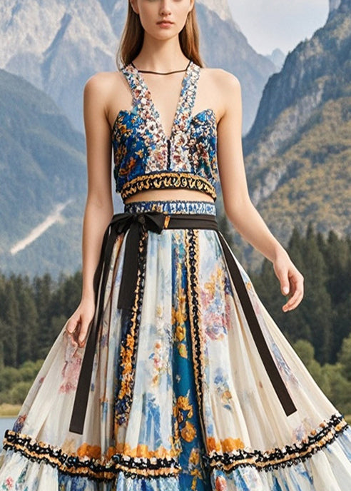 Apricot Ruffled Print Exra Large Hem Chiffon Skirts Fall