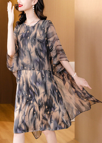 Brown O Neck Print False Two Pieces Silk Dresses Summer
