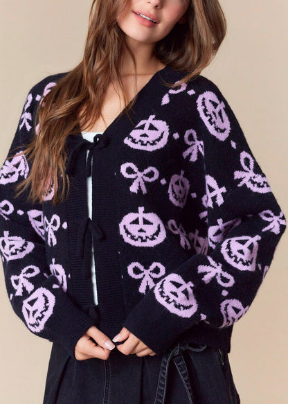 New Pink V Neck Jacquard Lace Up Knit Cardigans Fall