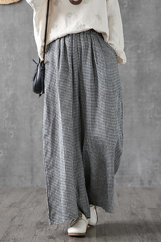 - Lotstrends Hand-made Plaid Linen Wide Leg Pants