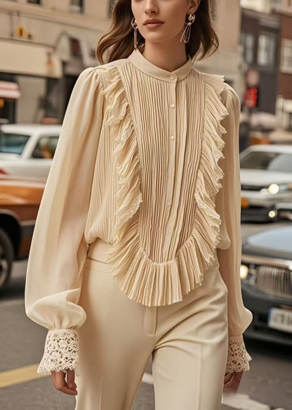 Apricot Patchwork Wrinkled Chiffon Formal Shirt Spring