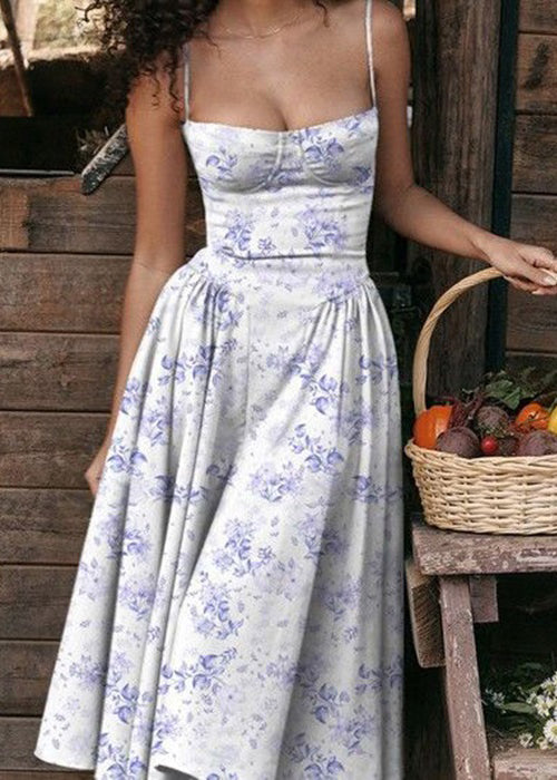 Blue Print Bustier Top Cotton Spaghetti Strap Dress Sleeveless