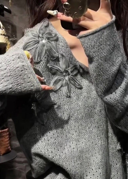 Natural Grey V Neck Cozy Cotton Knit Sweater Fall