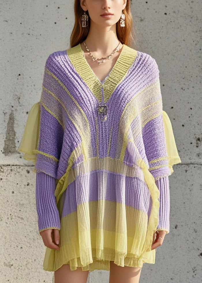 Purple Oversized Patchwork Tulle Knitted Dress Fall