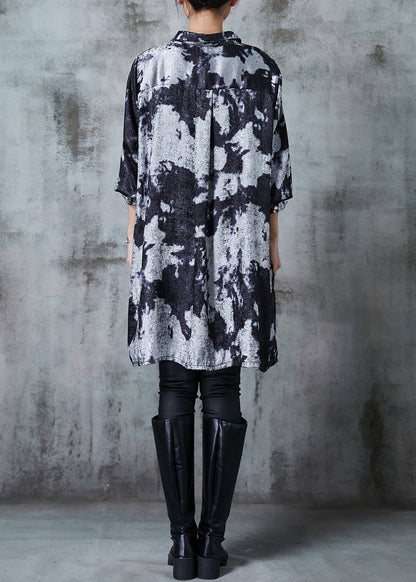 Grey Oversized Tie Dye Silk Velour Shirt Dress Fall