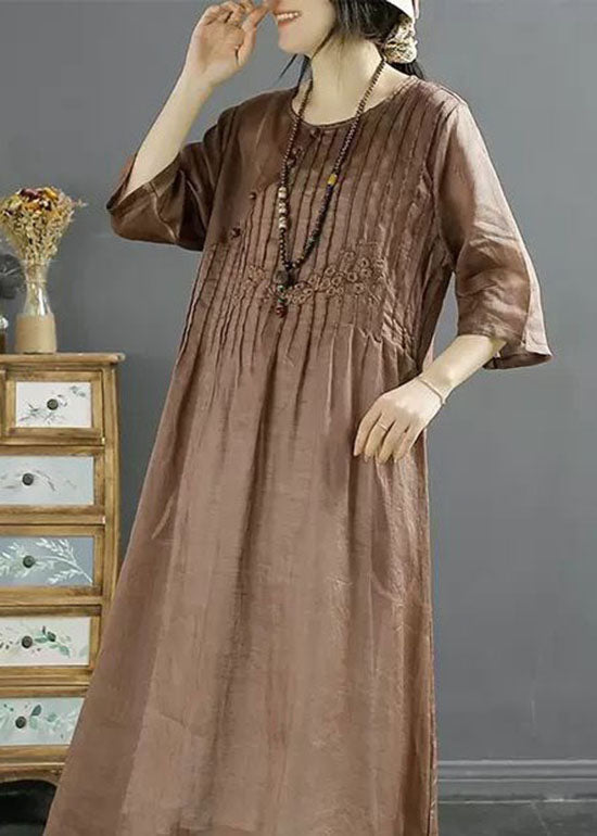 Coffee Patchwork Linen Dress O Neck Wrinkled Embroidered Summer