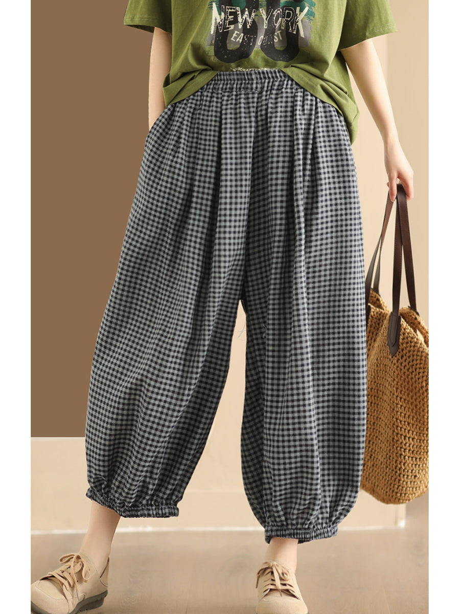 Summer Plaid Cotton Harem Pants