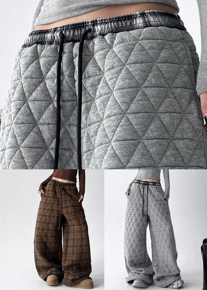 Grey Pockets Cotton Filled Wide Leg Pants Elastic Waist