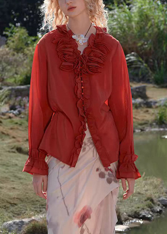 Red V Neck Butto Tops Spring