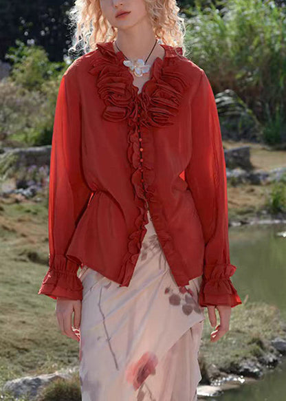 Red V Neck Butto Tops Spring