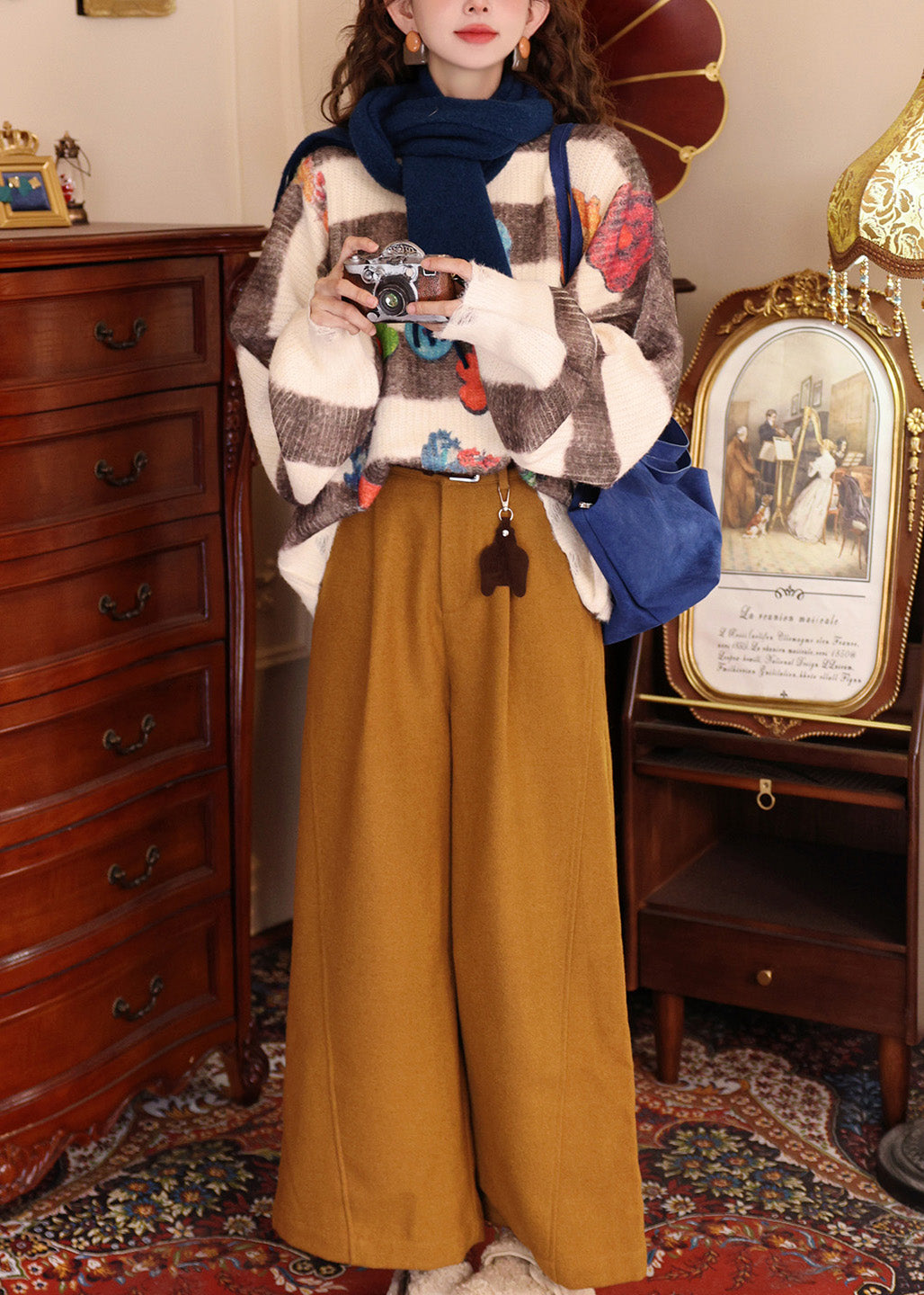 Colorblock O Neck Print Knit Pullover Batwing Sleeve