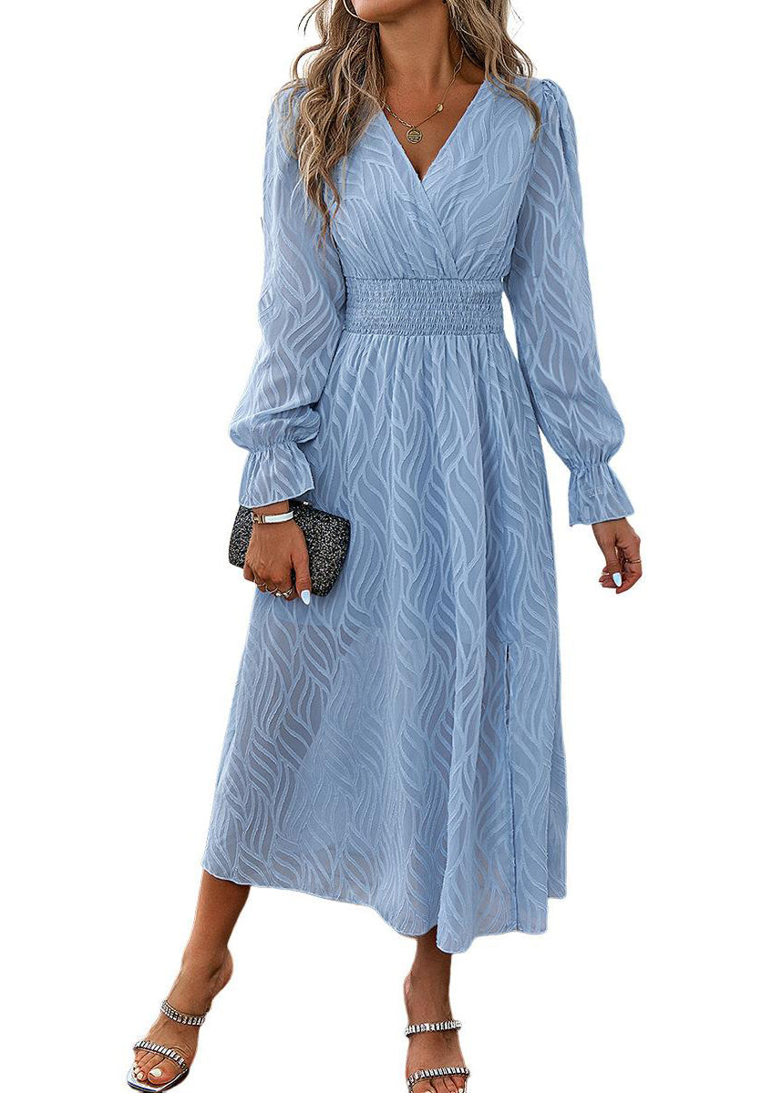Classy Blue V Neck Jacquard Long Dresses Long Sleeve