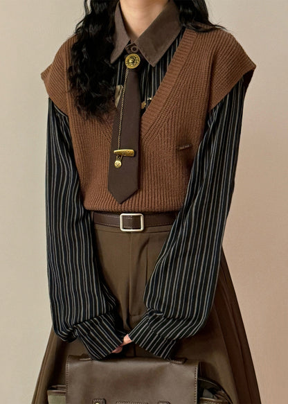 Simple Coffee V Neck Knit Vest Sleeveless