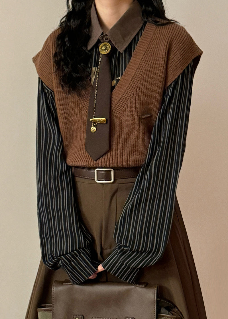Simple Coffee V Neck Knit Vest Sleeveless