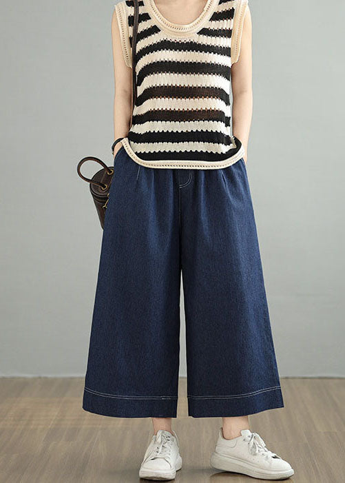 Loose Blue Pockets Elastic Waist Denim Crop Pants Spring