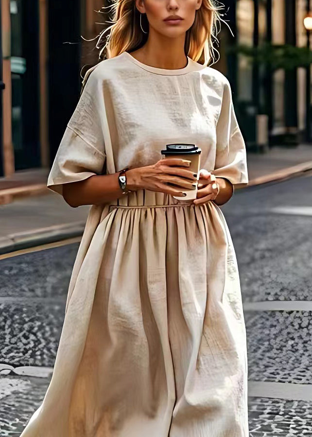 Beige O Neck Wrinkled Patchwork Linen Dress Summer