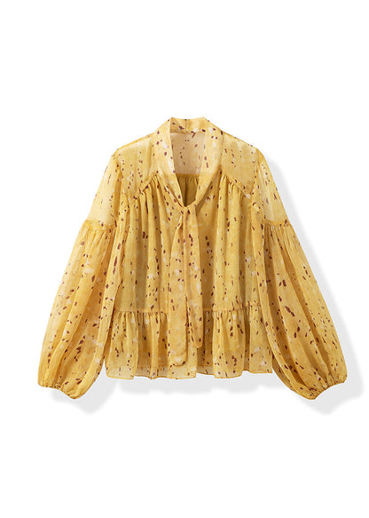 French Yellow V Neck Print Cotton Blouses Lantern Sleeve