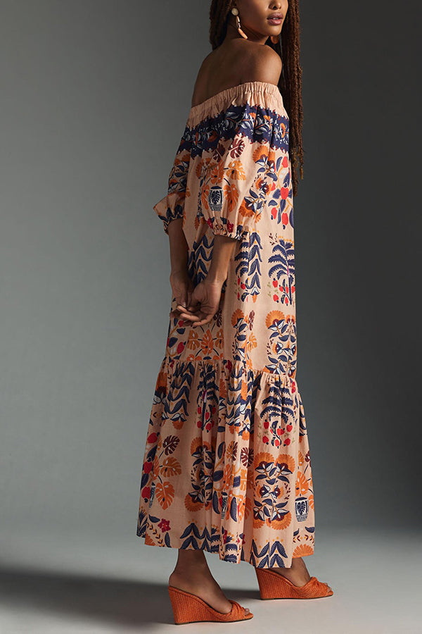 Island Lover Printed Off the Shoulder Pocketed Flowy Midi Dress