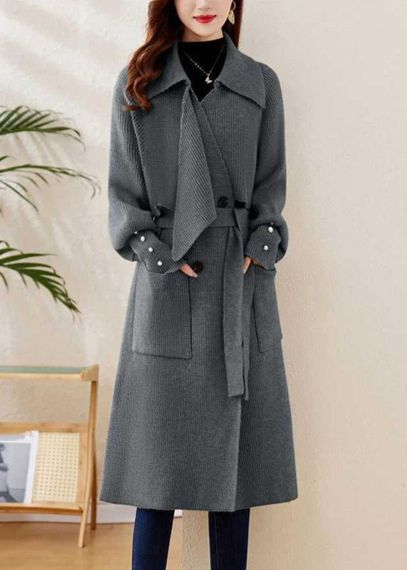 Grey Peter Pan Collar Tie Waist Knit Coats Winter