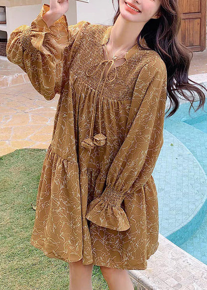 Original Design Yellow Wrinkled Print Tie Lace Mid Dress Flare Sleeve