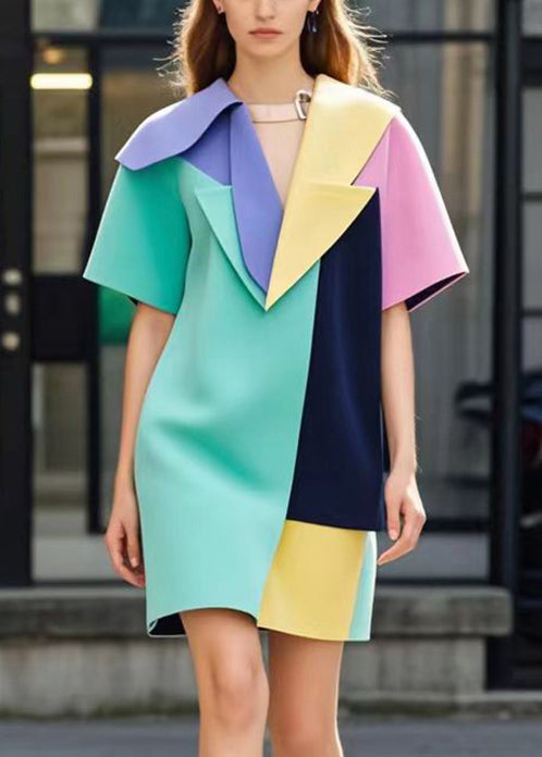 Multicolor Asymmetrical Patchwork Cotton Mini Dress Summer