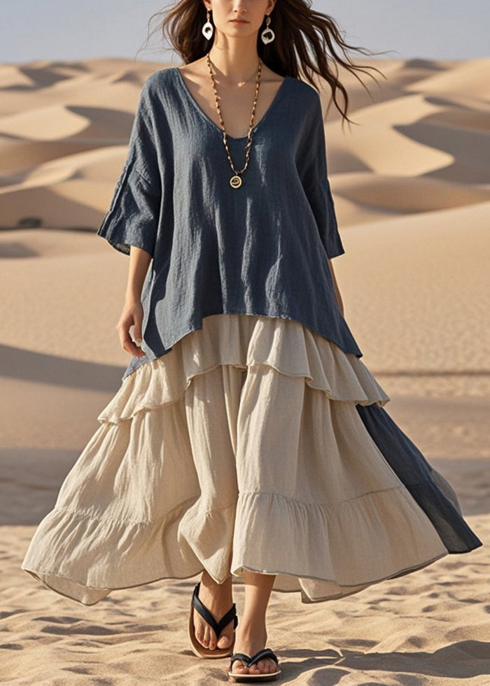 Navy Oversized Exra Large Hem Cotton Fake Two Piece Dress Summer