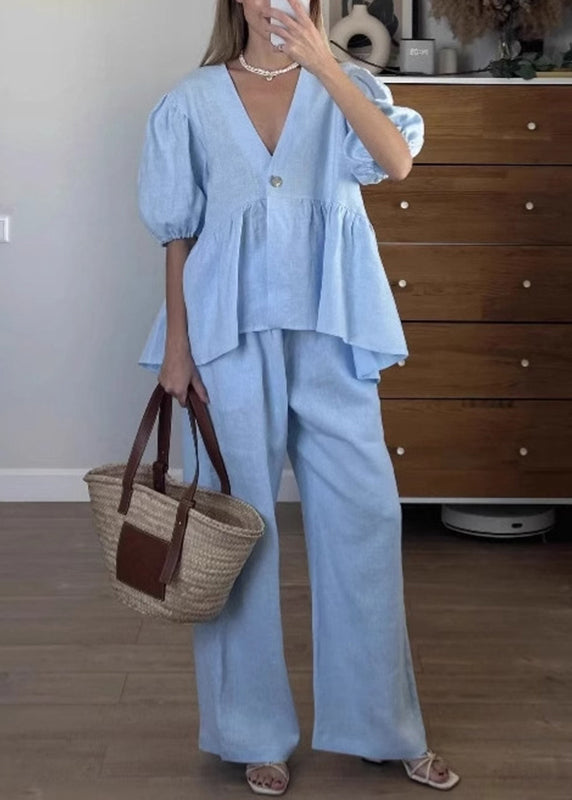 Brief Blue V Neck Shirts and Wide Leg Pants Two Piece Set Short Sleeve