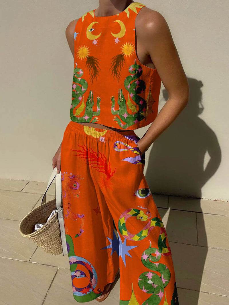 Beauty Unique Print Tank and Elastic Waist Pocketed Pants Set