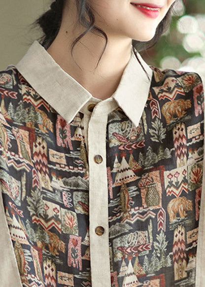 Apricot Peter Pan Collar Button Asymmetrical Design Print Linen Shirts Half Sleeve
