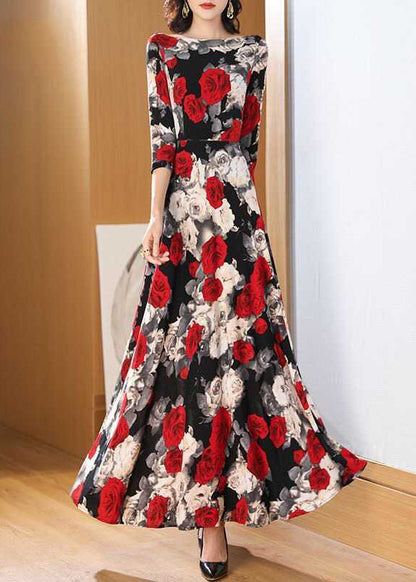 O Neck Print Chiffon Long Dress Bracelet Sleeve