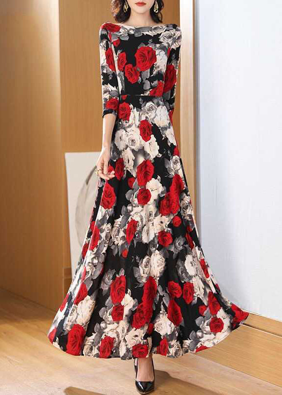 O Neck Print Chiffon Long Dress Bracelet Sleeve